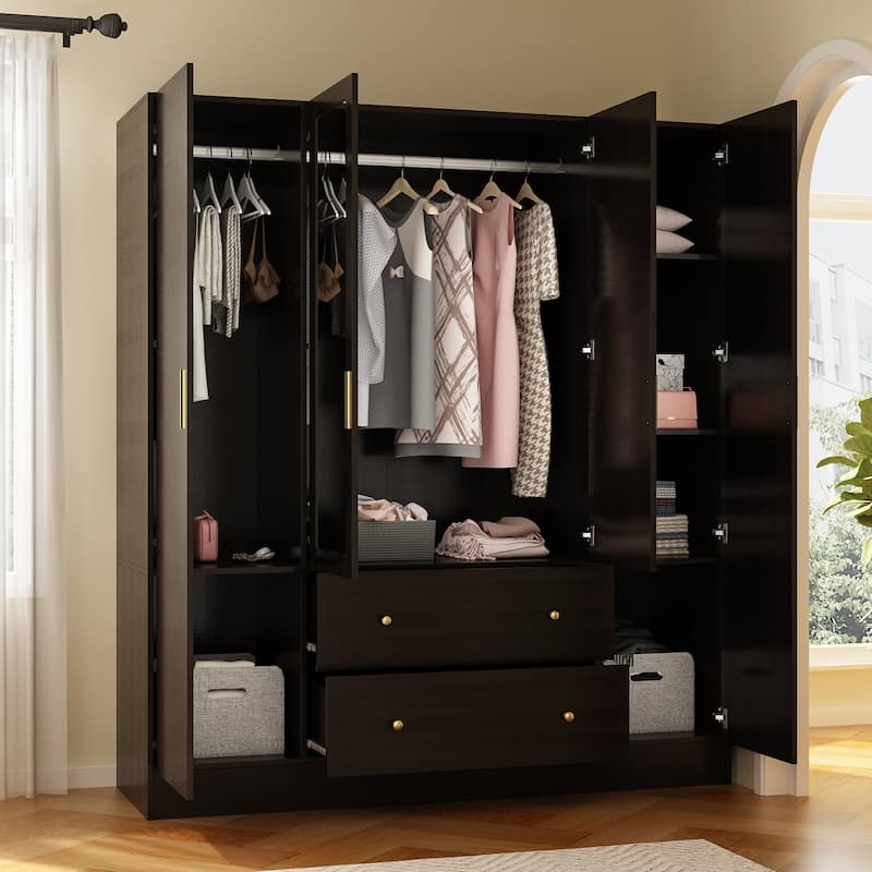 Wardrobe Armoire Wooden Closet with Mirror Storage Cubes Hanging Rod