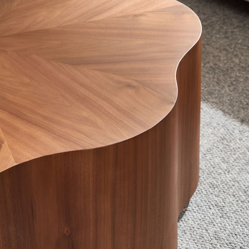 Modern Petal Shaped Coffee Table Stylish Round Coffee Table with Hidden Drawers, for Living Room, Walnut Color