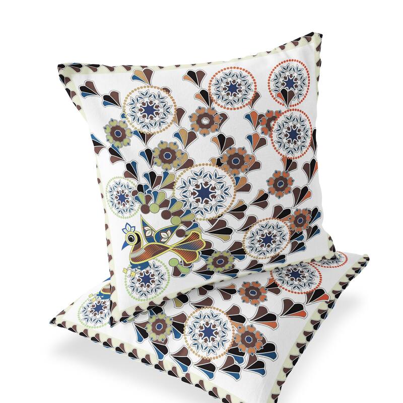 HomeRoots Set of Two 16" X 16" Blue and Off White Peacock Blown Seam Floral Indoor Outdoor Throw Pillow