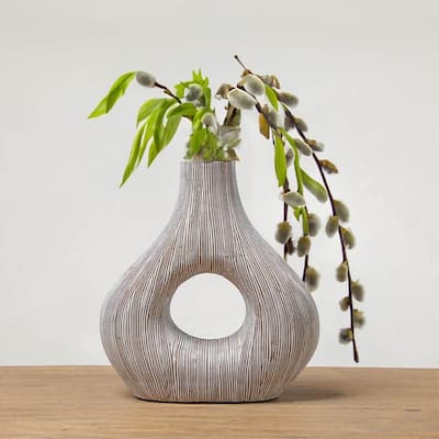 Eternity White Textured Striped Modern Polyresin Vase