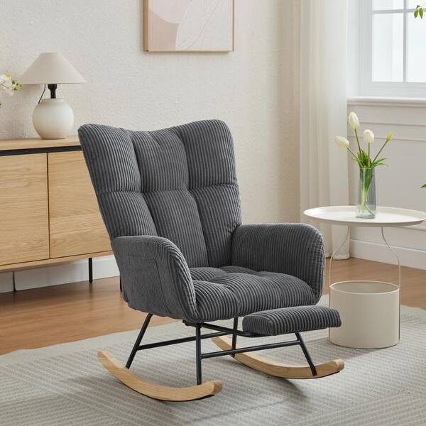 slide 2 of 18, Modern Nursery Rocking Chair, Upholstered Glider Chair with High Backrest, Rocker Accent Armchair with Solid Wood Legs Dark Gray