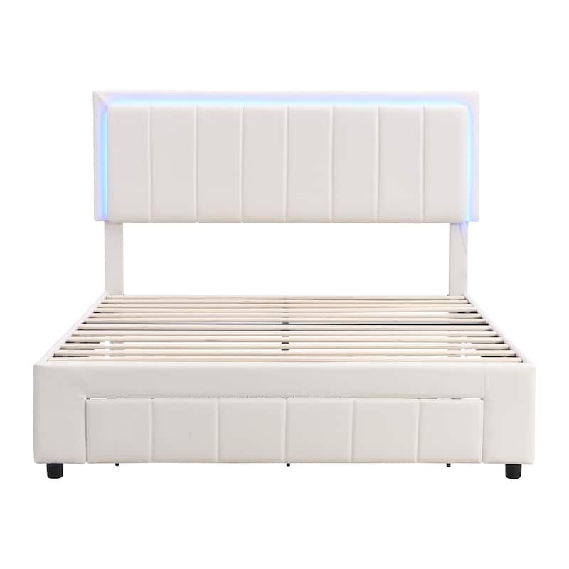 Queen Size Upholstered Platform Bed LED Light Theme Bed, Bed Frame