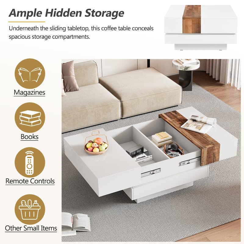31.4" Square Coffee Table with Sliding Tabletop, Extendable High Gloss Center Table with Hidden Storage