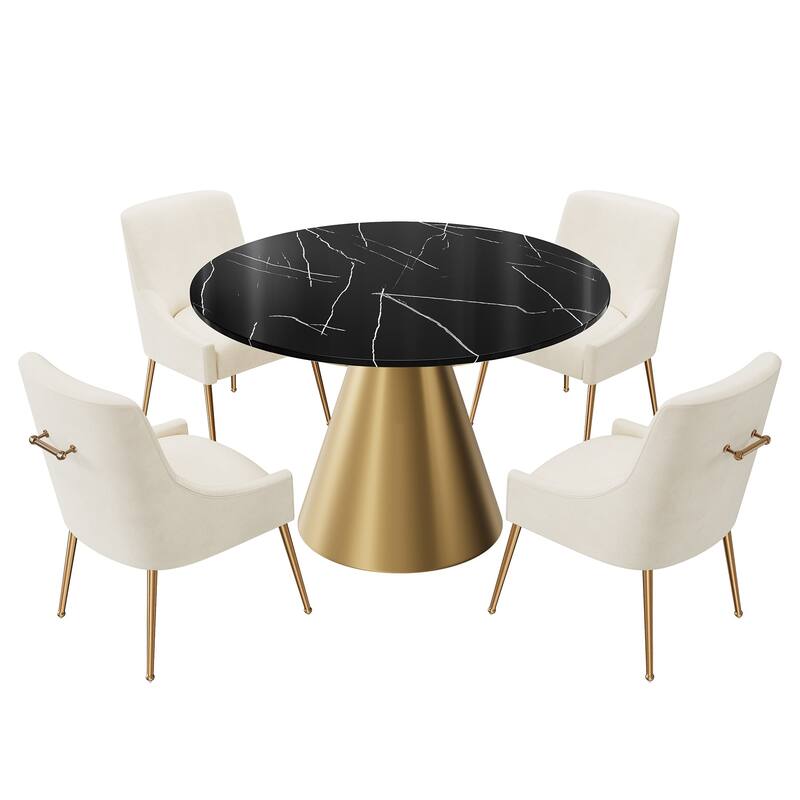 48" Marble Top Metal Dining Table with Velvet Dining Chair Set