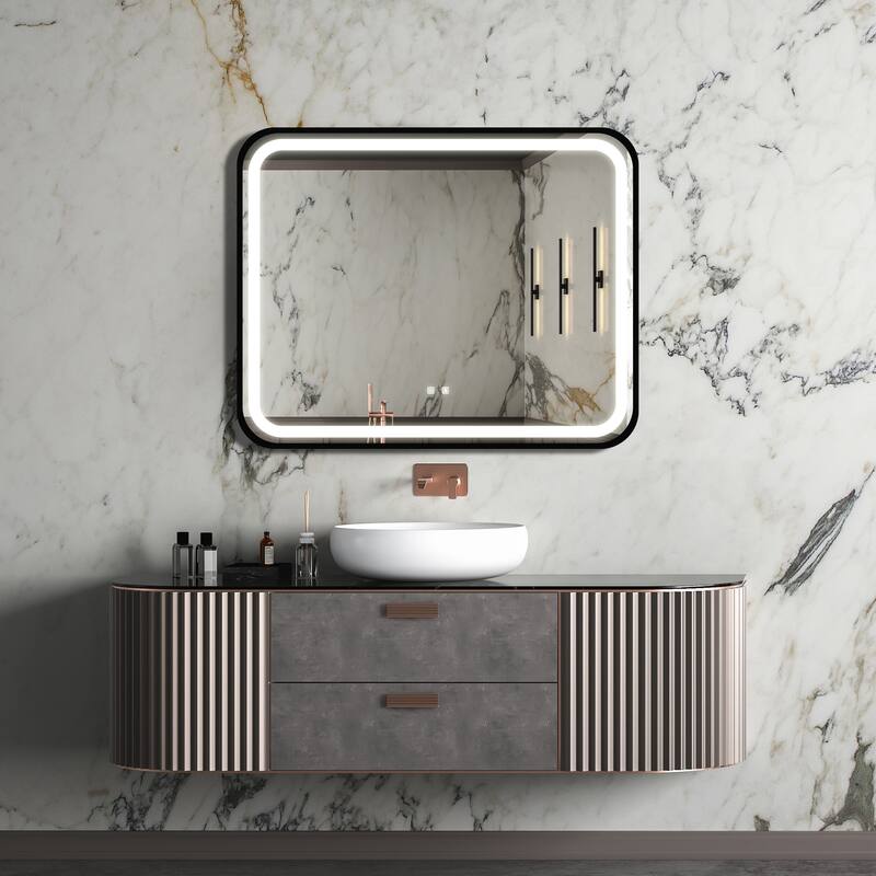 40*32 inch Wall Mounted LED Bathroom Mirror with Anti-fog Memory - Silver