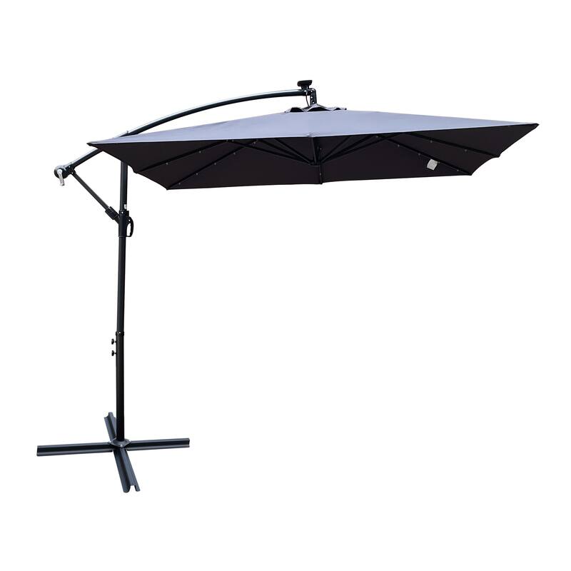 Square 2.5X2.5M Patio Umbrella Solar Powered LED Lighted Sun Shade Market Waterproof 8 Ribs Umbrella with Crank and Cross Base