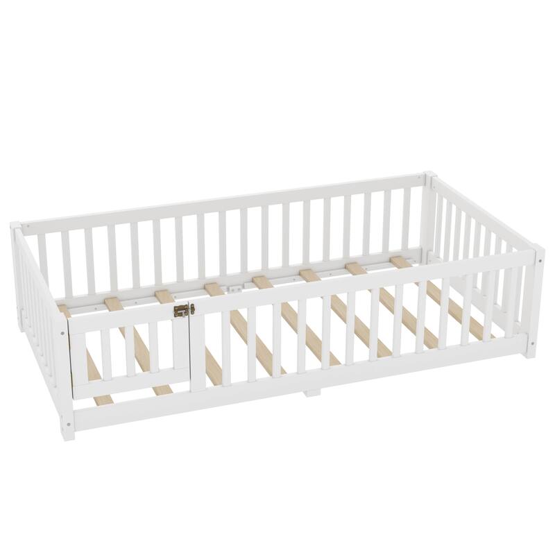 Montessori Toddler Floor Bed with Fence and Switchable Door, Low Profile Bed Frame with Removable Slats, Safe Transition Bed