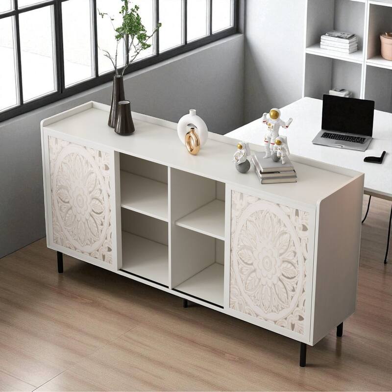 Distressed White Wood Curio Cabinet with Carved Fir Doors and Shelving - Mid-Century Console Table
