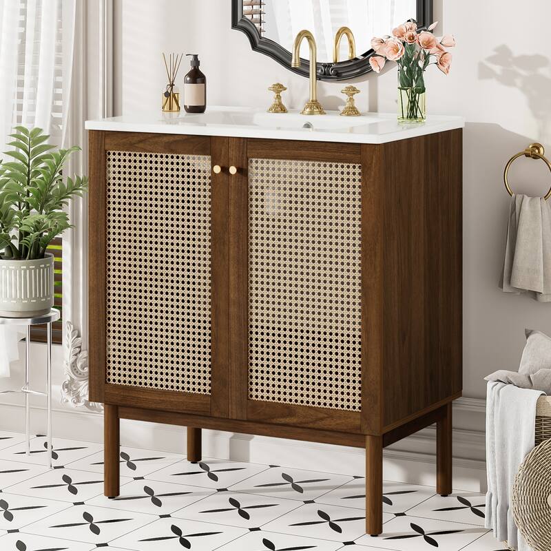 Mid-Century Modern Bathroom Vanity with Undermount Ceramic Sink, Handwoven Bamboo Doors Bathroom Cabinet, Dark Walnut - 30 Inch - Dark Walnut - 30 Inch