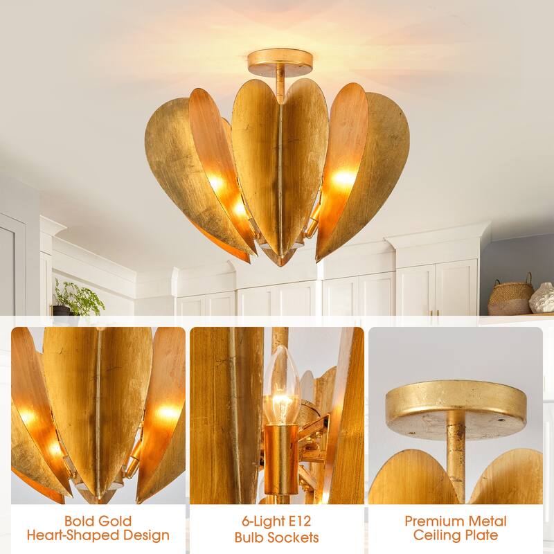 19-Inch Antique Gold Heart Semi Flush Mount Ceiling Light for Bedroom