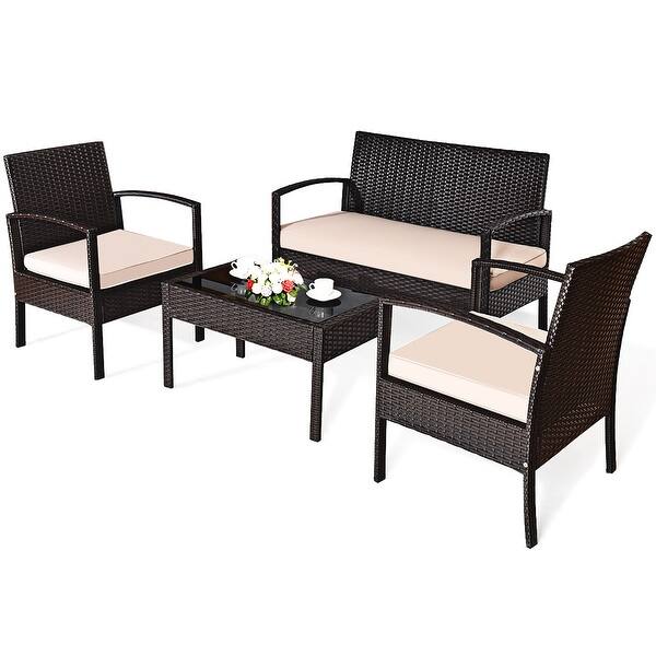 Outdoor Wicker 4 Pieces Conversation Set Pe Rattan Chairs And Table Overstock 31040076