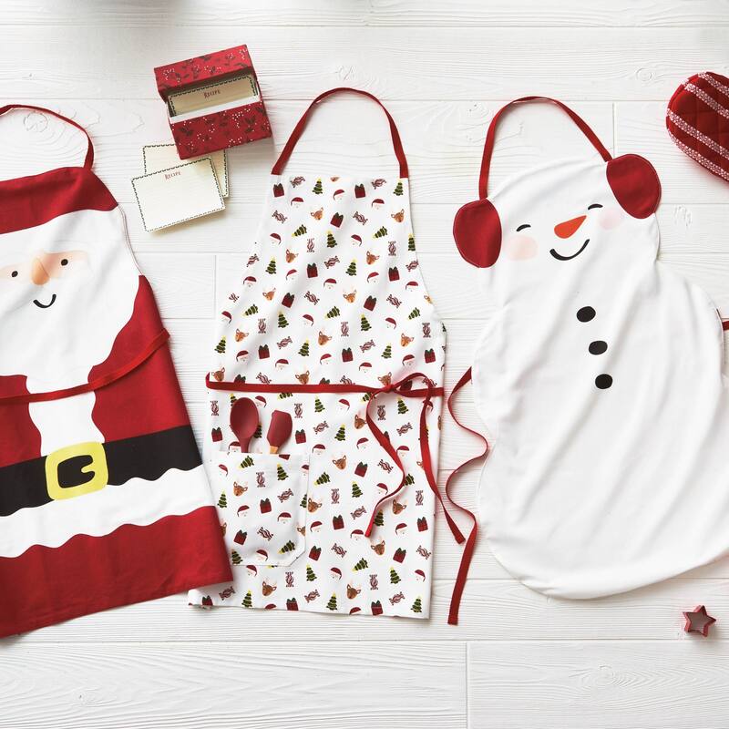 Snowman Kids Apron - Christmas Kitchen Cooking Apron, White Multi Cotton, Machine Wash, 26.1" L x 17.97" W