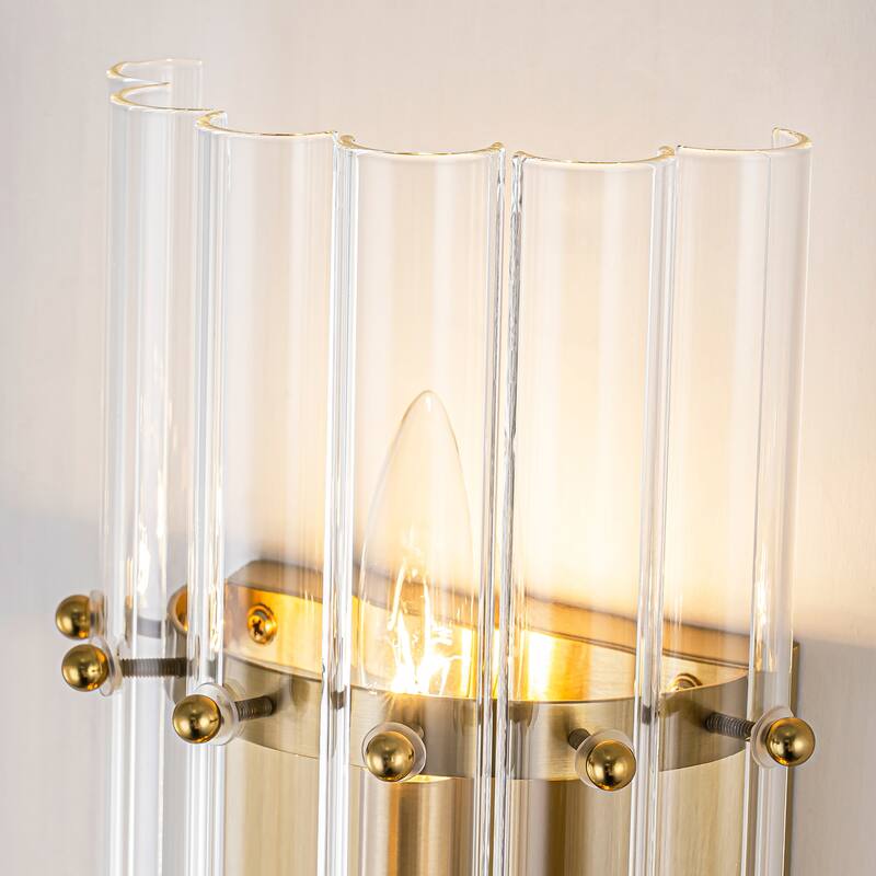 Rennnsan 4-Light Modern Wall Sconce Gold Linear Clear Glass Bathroom Vanity Light - 5.6 in. L x 3.5 in. D x 27.0 in. H