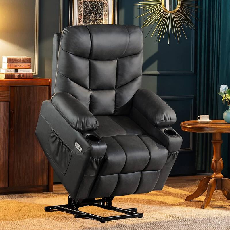 MCombo Electric Power Lift Recliner Chair Sofa for Elderly, 2 Side Pockets and Cup Holders, Faux Leather 7288