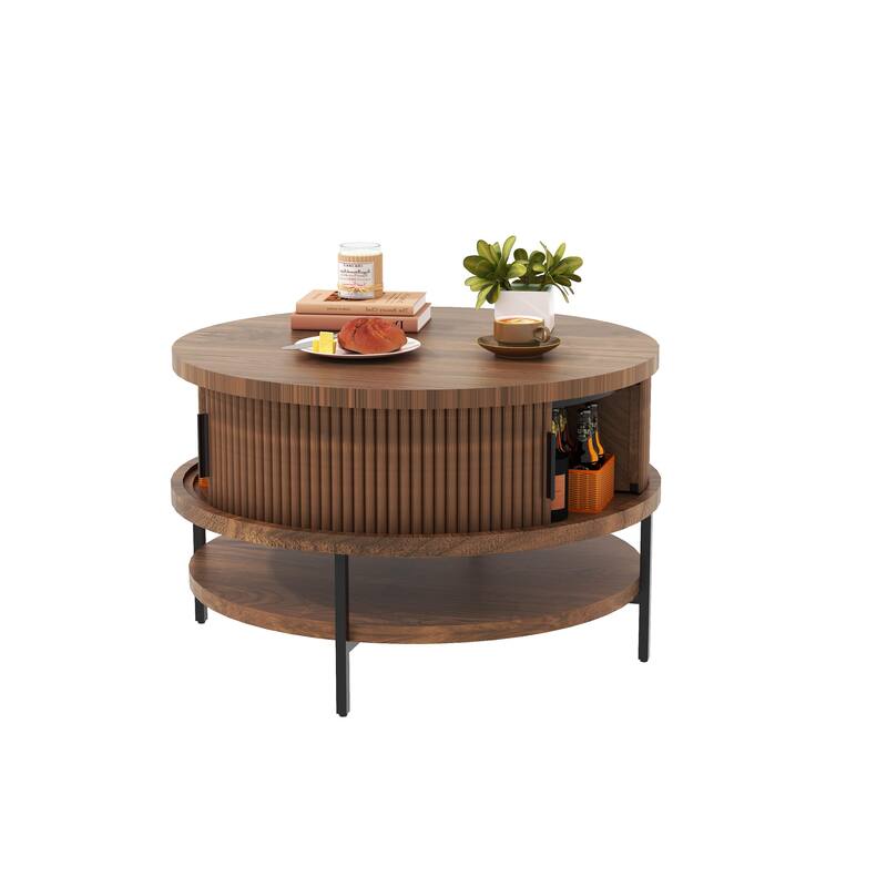 Flip-Top Round Coffee Table with Storage for Living Room, 31.5" Farmhouse Style Center Table with Sliding Doors