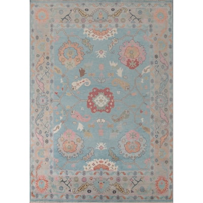 Light Blue Floral Oushak Oriental Area Rug Hand-Knotted Wool Carpet - 8'11" x 11'8"