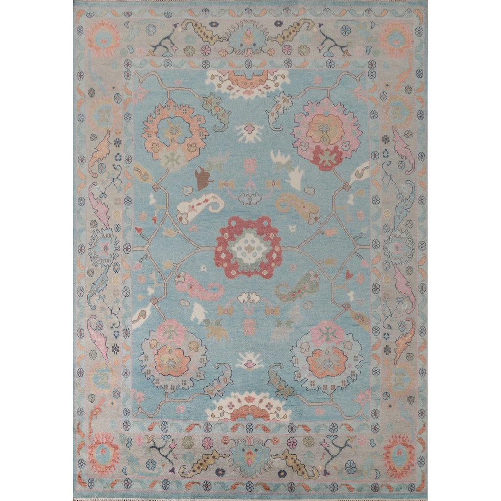 Light Blue Floral Oushak Oriental Area Rug Hand-Knotted Wool Carpet - 8'11" x 11'8"