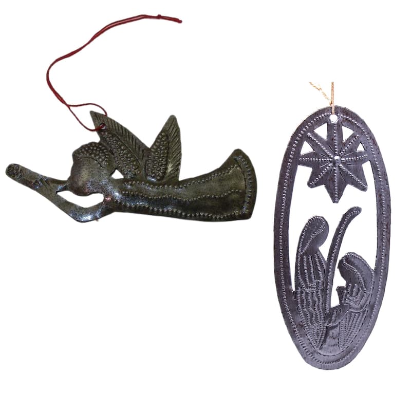 Nativity Scene and Trumpeting Angel Haitian Steel Drum Ornament Set - N/A