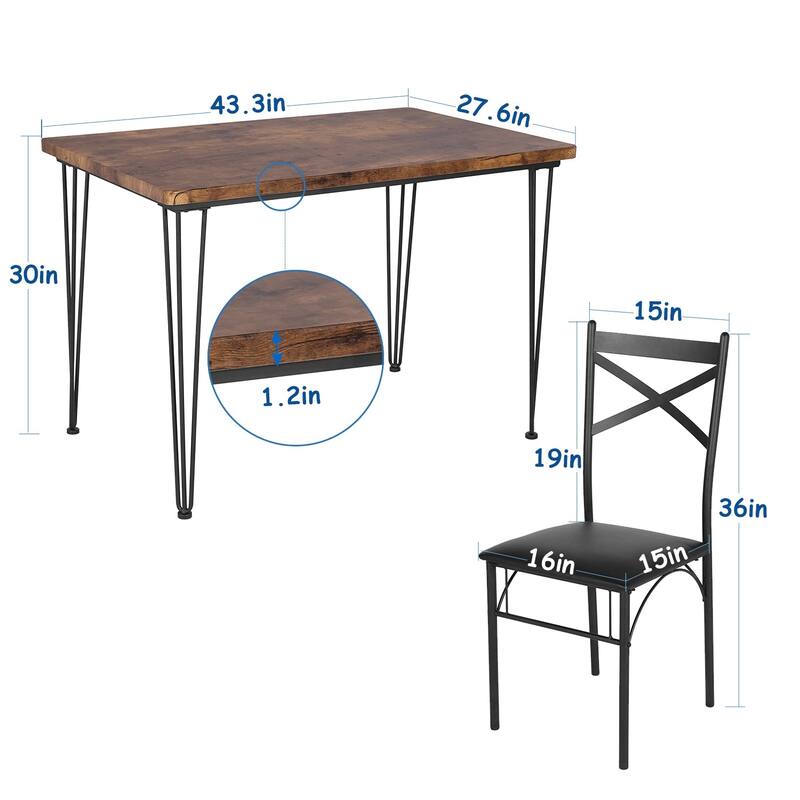 VECELO Modern 3/5-piece Dining Set Tempered Glass Top and Wood Top, Steel Dining Table and Chair Set of 2/4