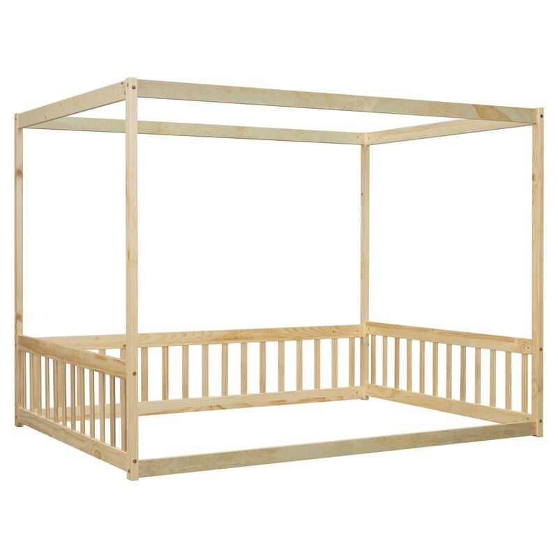Full Size Canopy Frame Floor Bed with Fence