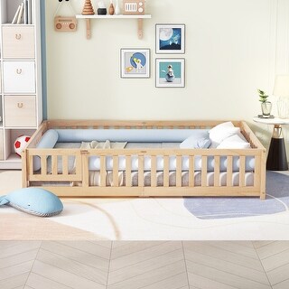 Queen Size Minimalist Wooden Toddler Floor Bed w/ Fence & Door, Natural ...