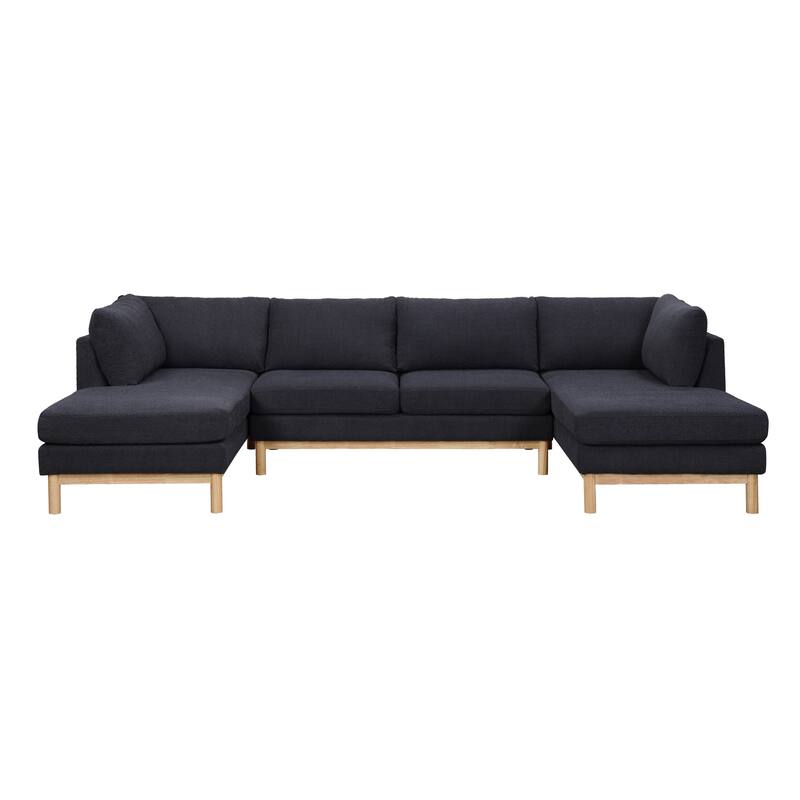 Black Sherpa 124" U-Shape Sectional Sofa with Wood Trim & Legs