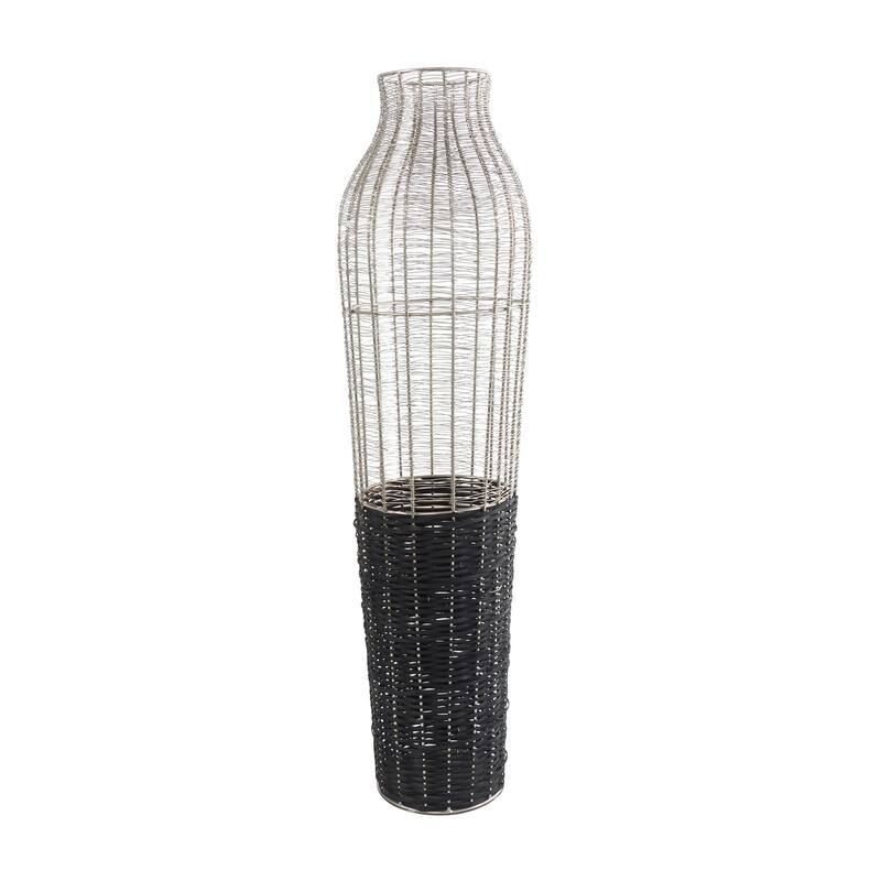 Silver Metal Tall Vase with Woven Black Rattan Base