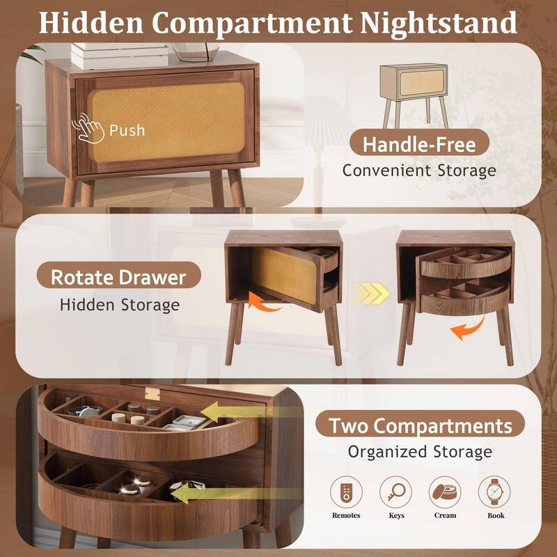 Mid-Century Modern Rattan Nightstand with Rotating Hidden Compartment and Wood Legs