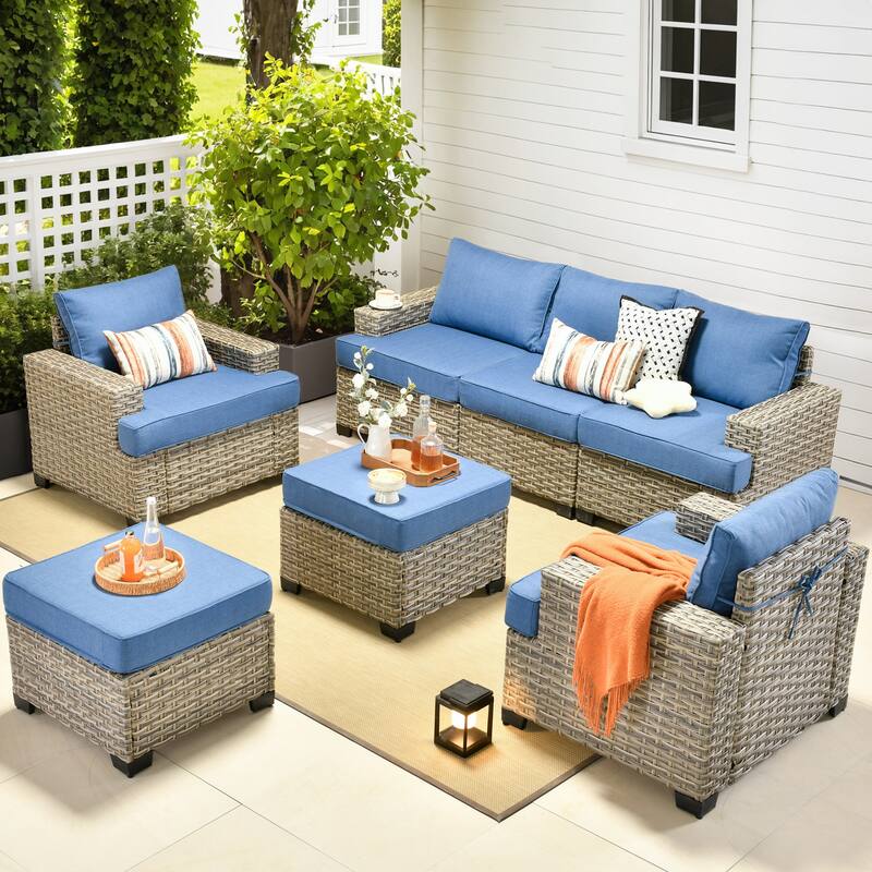 OVIOS 7-Piece T Shaped Seat Wide Armrest Patio Conversation Set - Diamond Blue