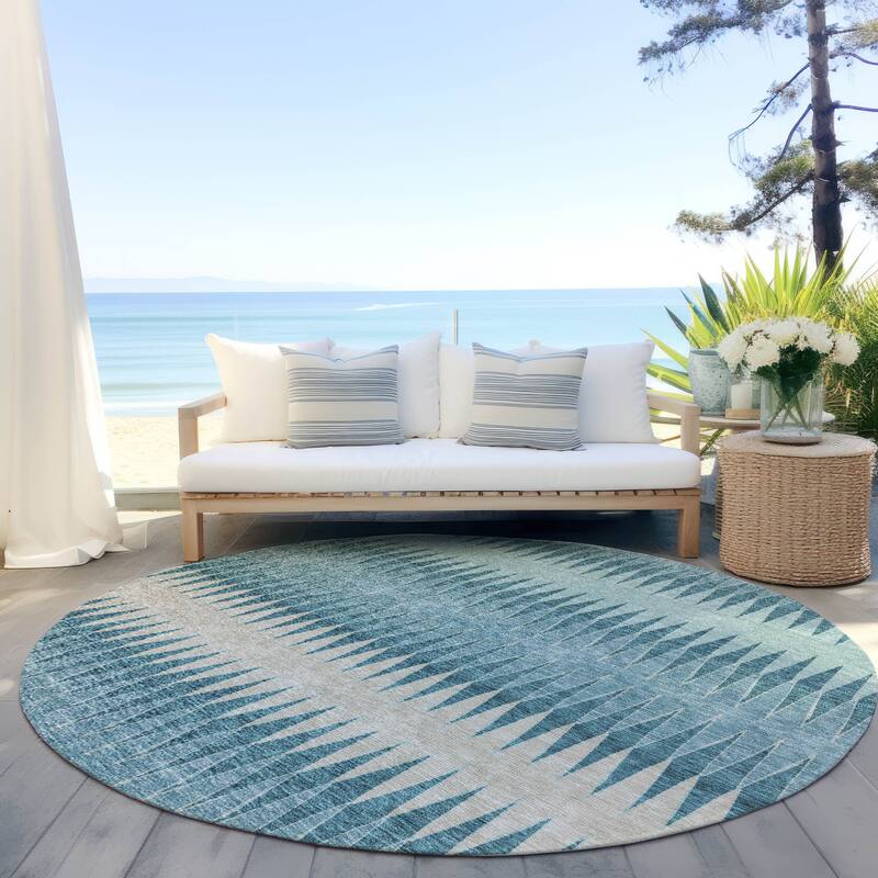 Machine Washable Indoor/ Outdoor Chantille Contemporary Geo Rug - Teal - 8' x 8'
