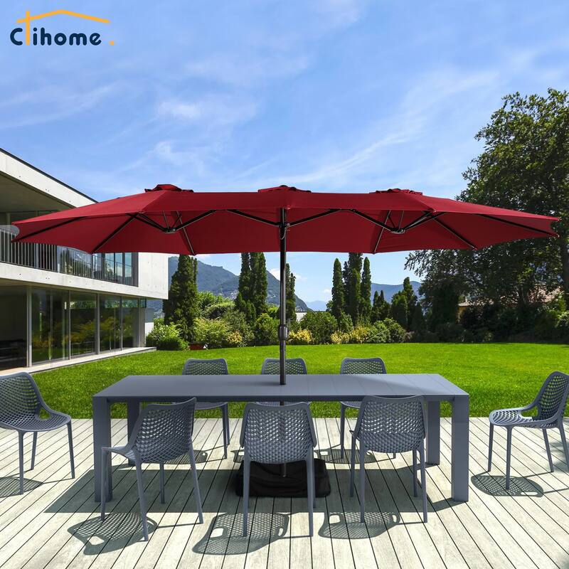 Clihome 15 Ft Outdoor Rectangular Crank Market Umbrella with Base - Red