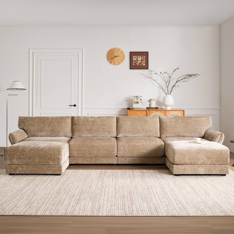 Luxurious Modular 6-Seat U-Shaped Sectional Sofa with USB & Type-C Charging Ports - Khaki