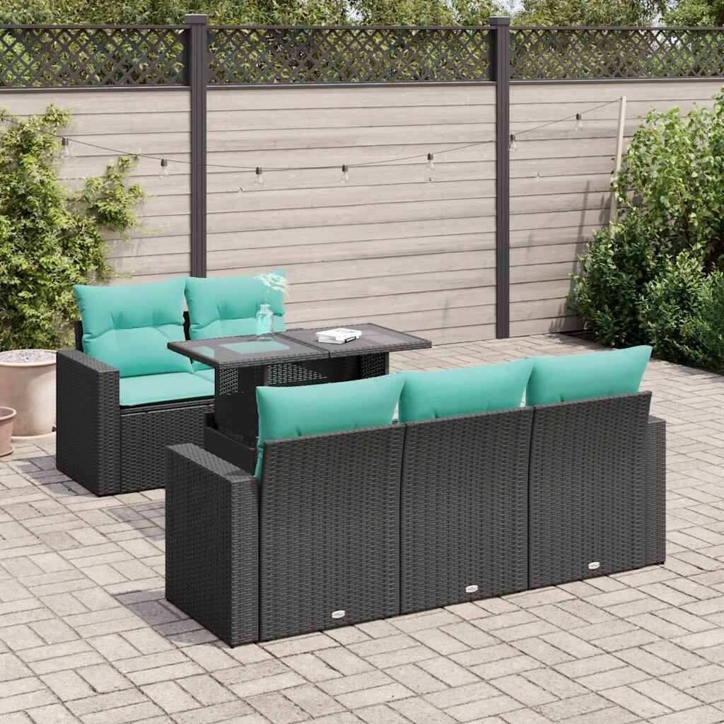 vidaXL 6 Piece Patio Sofa Set with Cushions Black Poly Rattan Acacia - 21.7 x 24.4 x 27.2