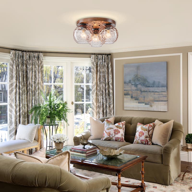 3-Light Rustic Wood Flush Mount Ceiling Light with Textured Amber Glass Shades - Dia.16.54-in