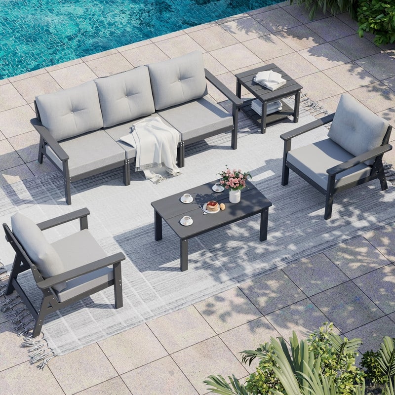 7-Piece HDPE Patio Conversation Seating Set with Cushions - 7-Pieces
