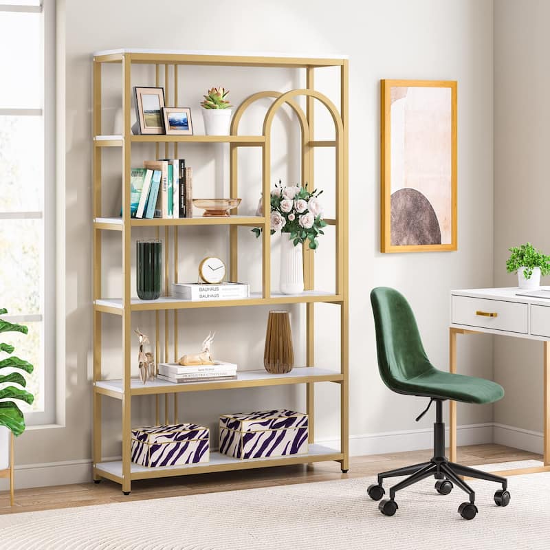6 Shelf Etagere Bookcase Bookshelf 71 inch Tall Modern Bookshelves, Gold and White