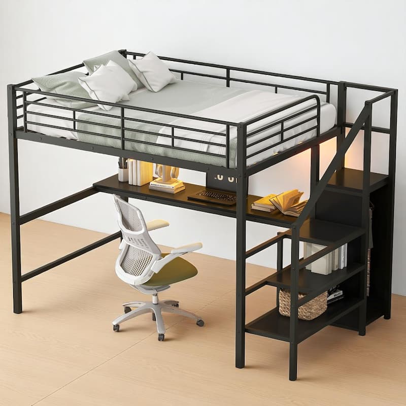 Full Size Loft Bed with Desk, Storage Stairs, Clothes Rack Wardrobe and Color LED Lights, Metal Frame