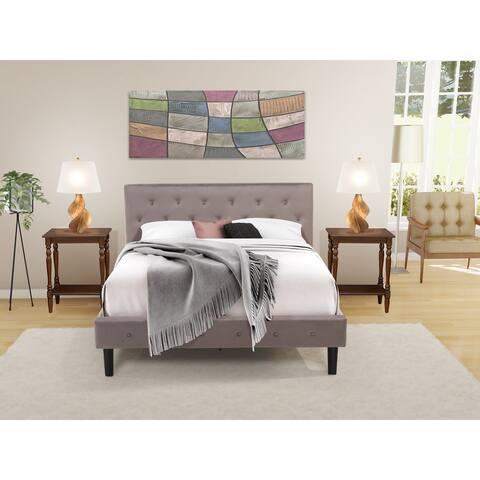 3 PC Queen Size Bed Set - Button Tufted Bed Frame --Brown Taupe Velvet Upholstered Headboard - Mahogany Finish Nightstand