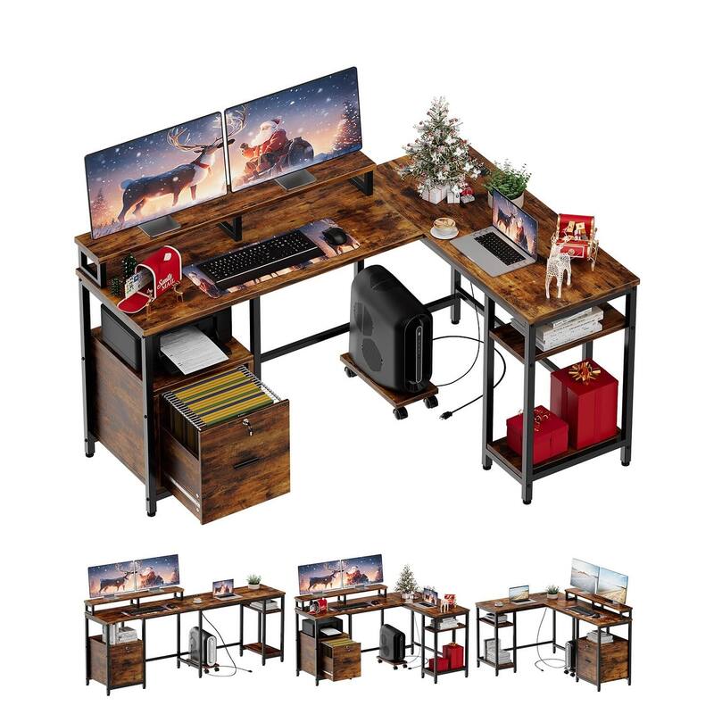 U Shaped Desk, 126 Inch Gaming Desk with Monitor Stand and LED Lights - Vintage Brown
