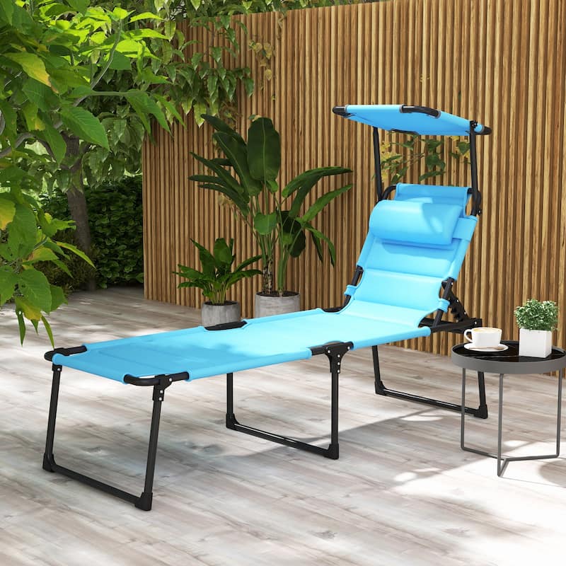 Outsunny Outdoor Chaise, Adjustable Folding Chaise Lounge with 4-position Backrest, Sun Roof, Head Pillow - Baby Blue