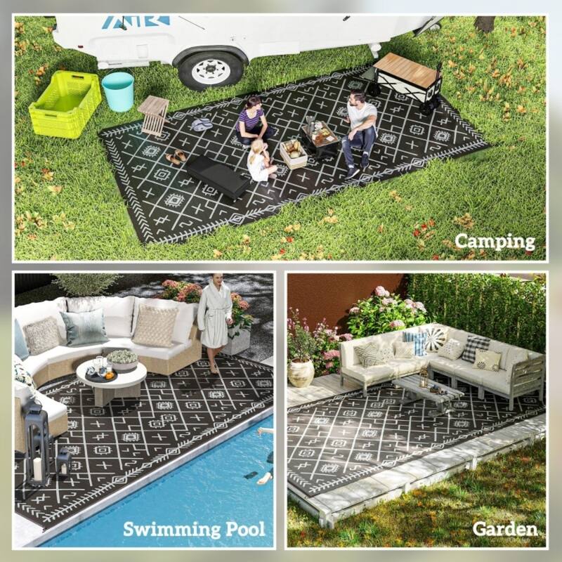 Reversible Outdoor Rug Rhombus Pattern, UV-Protected Foldable Polypropylene Mat with Carry Bag - 215.7" L x 107.9" W