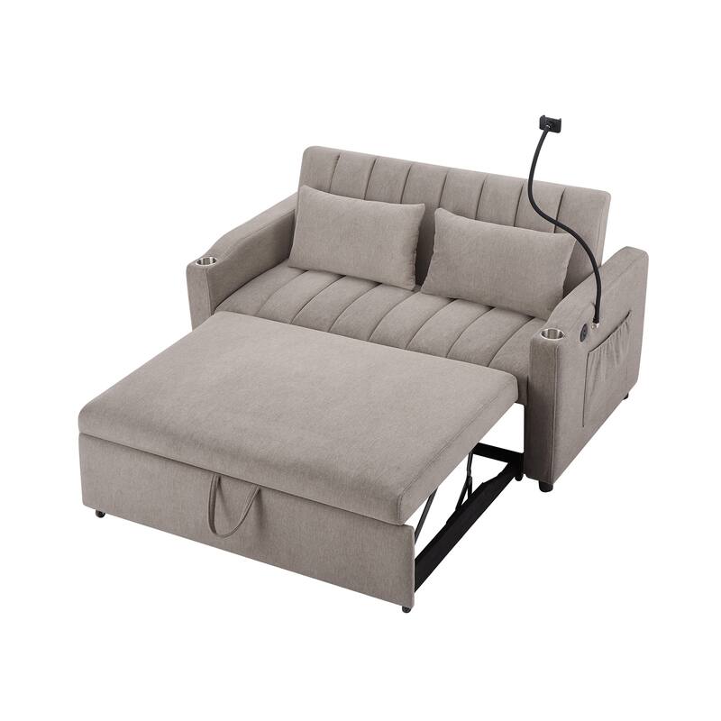 55.9" Convertible Sofa Bed Loveseat Sofa with Three USB Ports, Two Side Pockets, Two Cup Holders and 360°Swivel Phone Holder