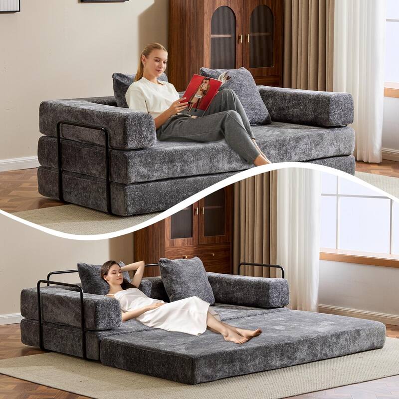 Chenille Floor Sleeper Sofa Bed Foldable Loveseat Couch Futon Sofa with Removable L-shaped Armrest and Movable Iron Frame