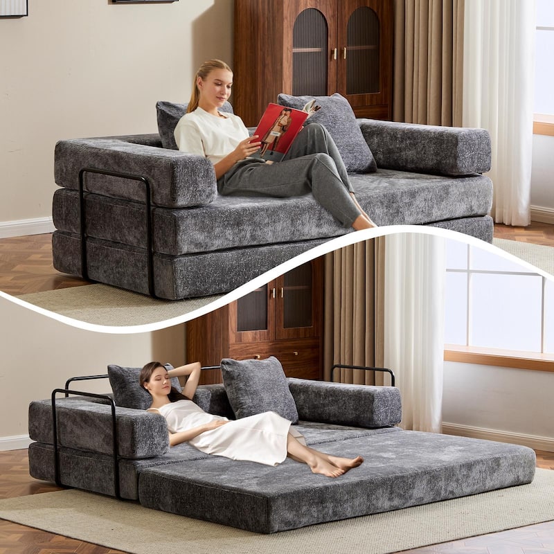 Floor Sofa Bed Convertible with Pillow Back Chenille Fabric for Living Room Bedroom