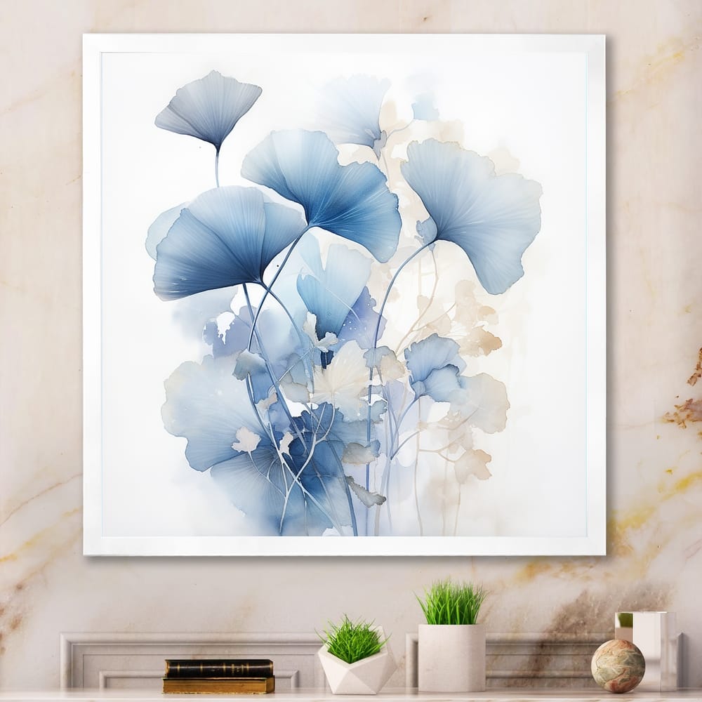 Designart "Delicate Blue Ginko Leaves On White Watercolor" Leaves Framed Wall Art Living Room