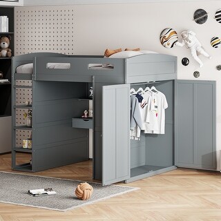 Full Size Loft Bed with Desk, Wardrobes, 4 Drawers and 4 Shelves