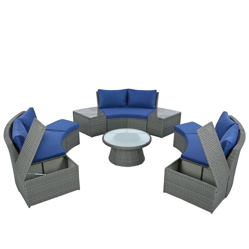 10-Piece Outdoor Half Round Rattan Sofa Set, PE Rattan Conversation Furniture Set with Storage Ottomans and Back Cushions