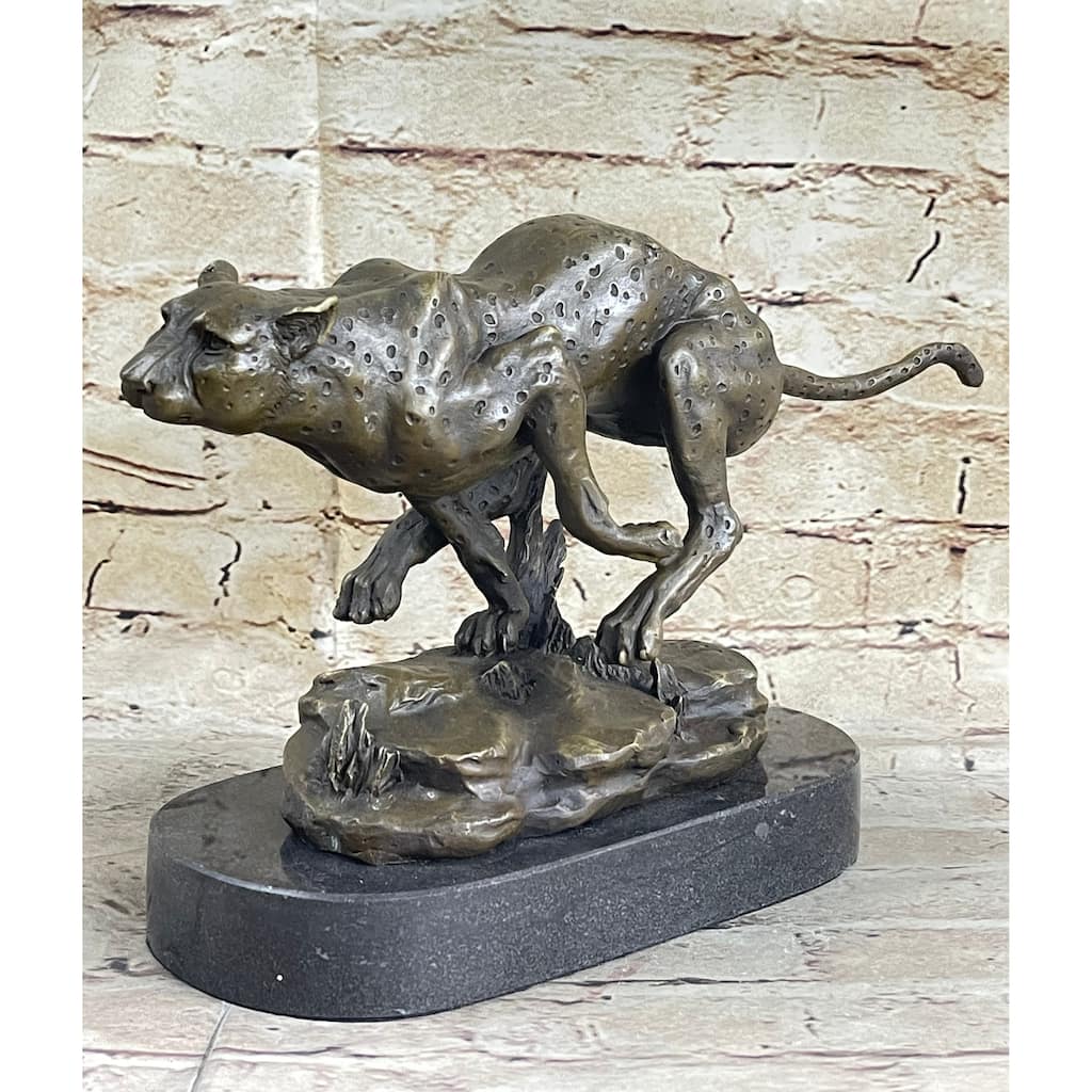 Running Cheetah Bronze Statue Sculpture Figure Marble Base Signed Milo