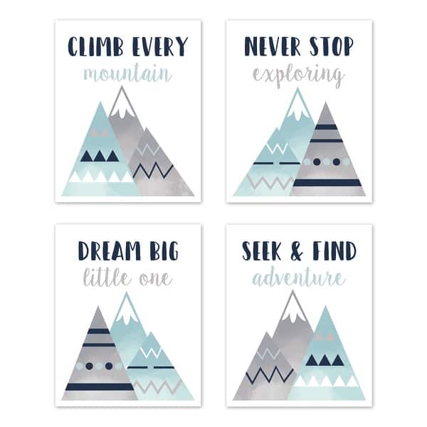 slide 2 of 6, Sweet Jojo Designs Navy Blue, Aqua and Grey Aztec Mountains Collection Wall Decor Art Prints (Set of 4) - Dream Big Adventure