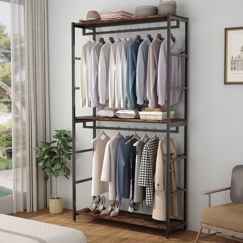 Free-standing Closet Organizer with 3 Shelves and 2 Hanging Rod